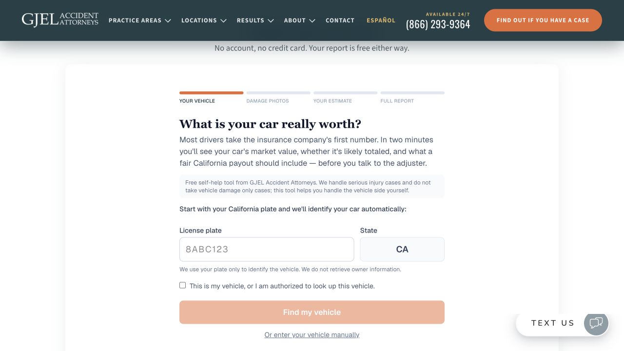 Entry screen of GJEL's California total-loss calculator, showing the license plate and manual vehicle-entry options